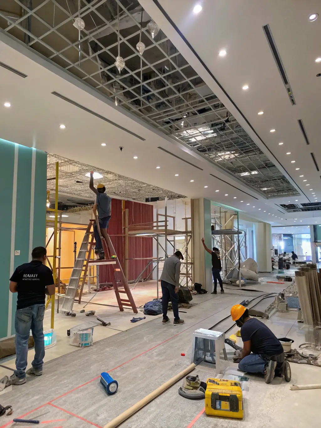 A construction crew efficiently renovating an apartment unit, with a focus on quality workmanship and timely completion.