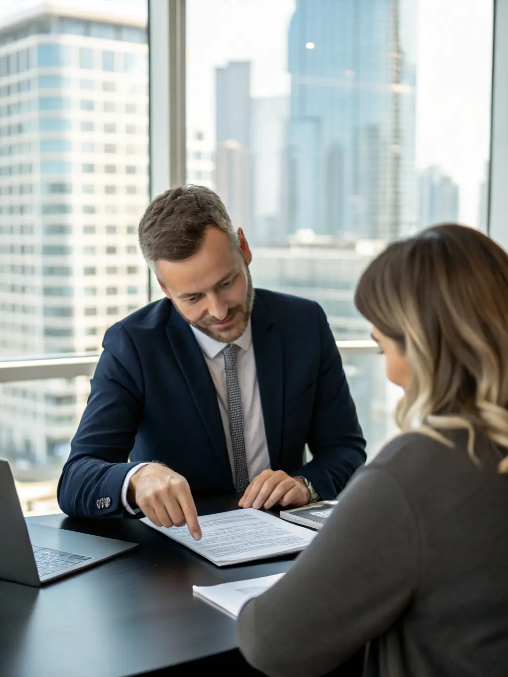 A financial advisor reviewing property investment data with a client, using charts and reports to illustrate potential returns.