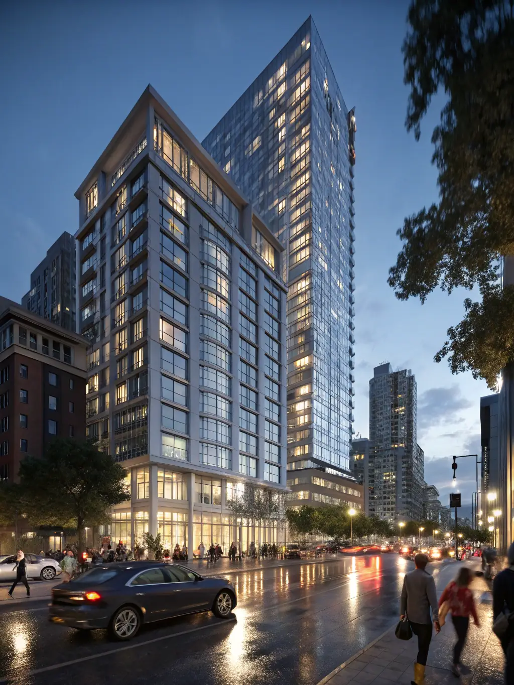 A modern apartment building exterior at dusk, showcasing well-maintained landscaping and inviting lighting, symbolizing professional property management.