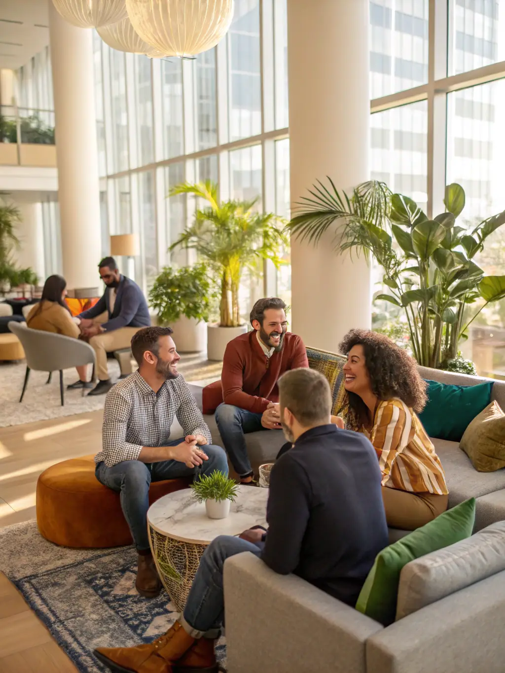A diverse group of tenants happily interacting in a communal space of a well-managed property, highlighting positive tenant relations.