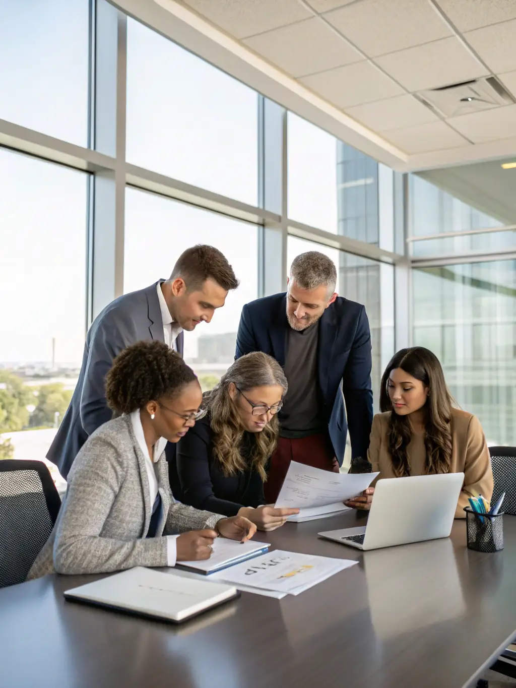 A photo of Circle One Property Management's team conducting a thorough tenant screening process, reviewing applications and background checks.